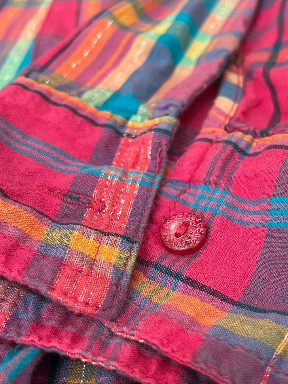 Justice Girls Plaid Button-up Shirt Y2K Sequin Pocket 99%Cotton